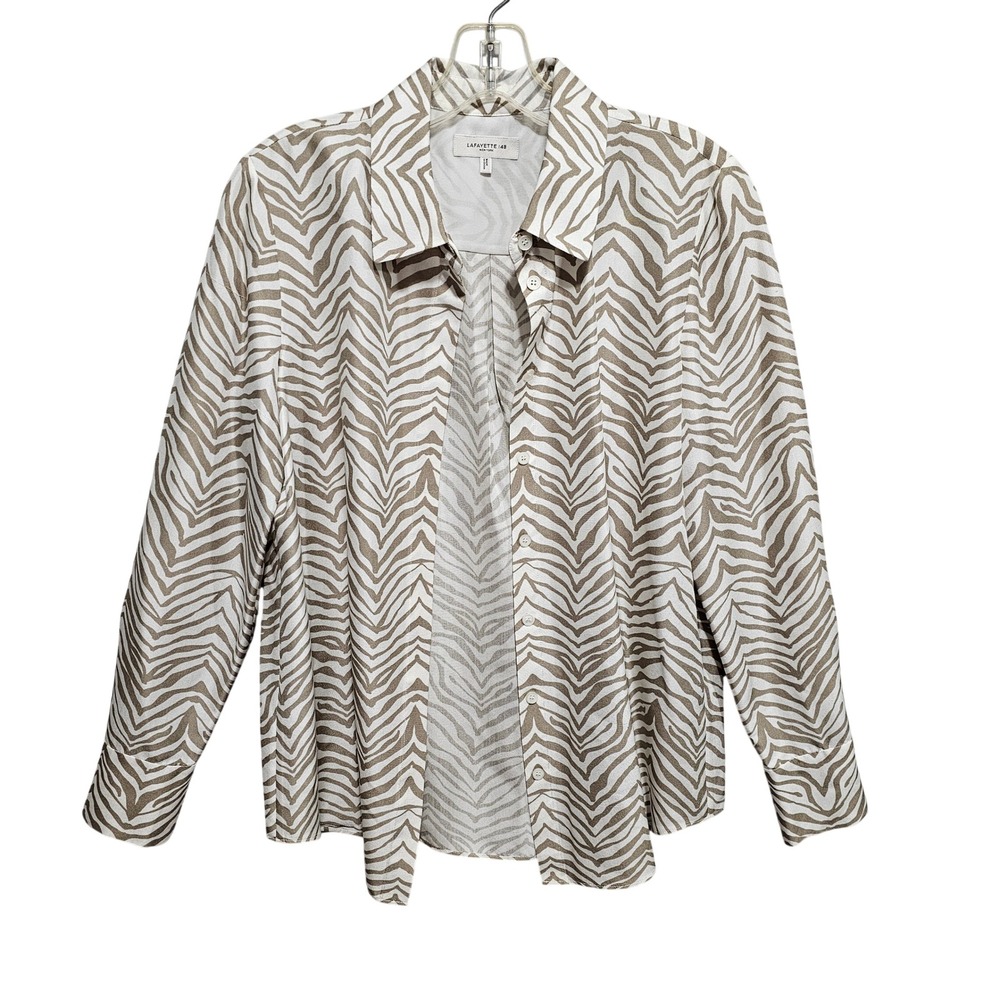 Lafayette 148 - Tan & Cream Zebra Print Button Front Long Sleeves Blouse Size S - Picture 2 of 10